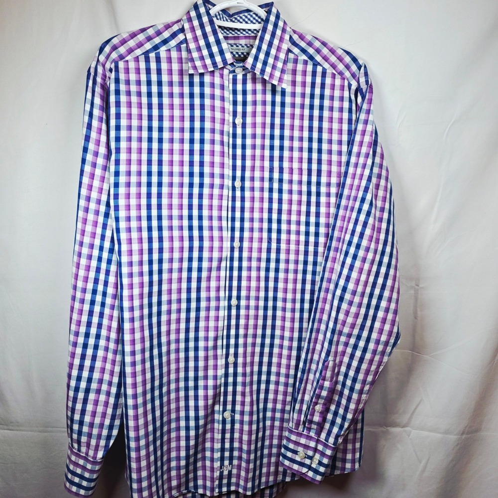 Johnston & Murphy Tailored Fit Button Down Shirt Mens Medium Purple Blue Gingham